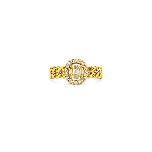 18K Gold Ring with Fantasy City Oval Stone Design In White