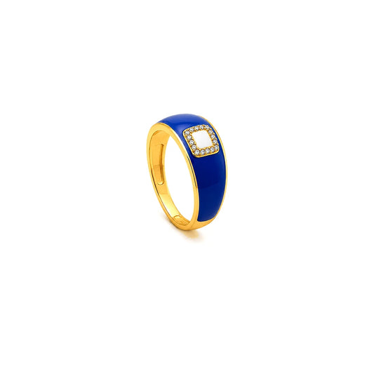 18K Gold Ring with Wide Color Square Embellished Stone Design In Blue