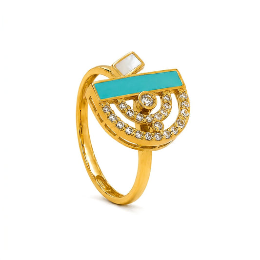 18K Gold Ring with Half Circle Shiny Stones Design In Colorful