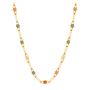 18K Gold Necklace with Colorful Flowers