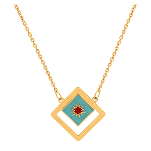 18K Gold Necklace with Turquoise Rectangle Pendant