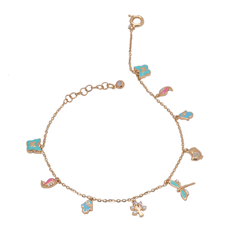 18K Gold Anklet with Birds Song Bright Stones Design In Colorful