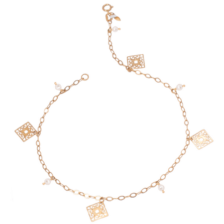 18K Gold Anklet with Openwork Square Pendants Beads Design In White