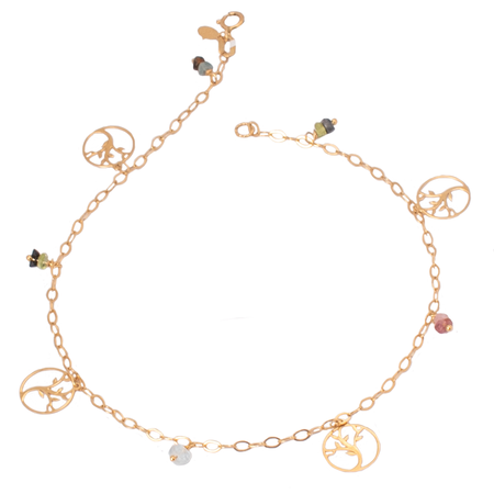18K Gold Anklet with Tree Secrets Decorated Stones Design In Colorful