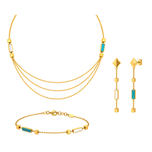 18K Gold Half Set with Three Chains Colored Pieces Design