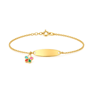 18K Gold Kids Chain Bracelet with Nameplate and Colorful Flower Design