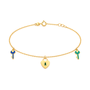 18K Gold Kids Chain Bracelet with Colorful Heart and Key Design