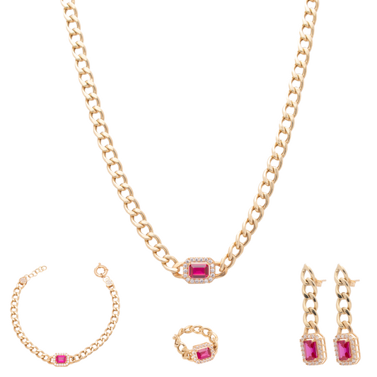 طقم ذهب عيار 18 بسلسلة حلقات بفص أحمر