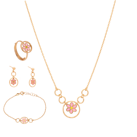 18K Gold Kid'S Jewelry Set with Pink Rose Design