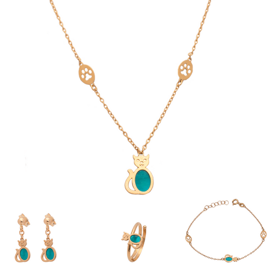 طقم باستيت ذهب أطفال عيار 18 بتصميم قطة