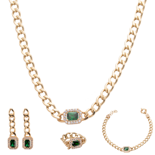 طقم ذهب عيار 18 بسلسلة حلقات وحجر أخضر