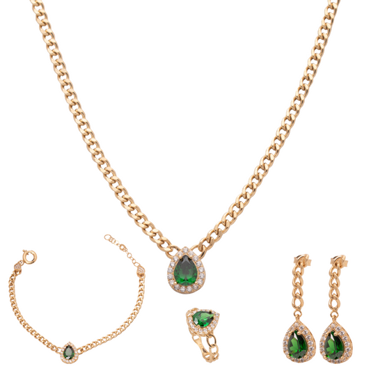 طقم ذهب عيار 18 بحجر أخضر بتصميم قطرة