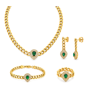 18K Gold Set with Green Stone Interlocking Chain Design