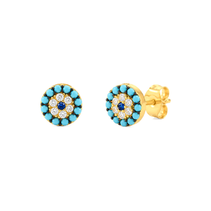 18K Gold Earrings with Circular Turquoise Stones