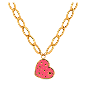 18K Gold Necklace with Pink Heart Design