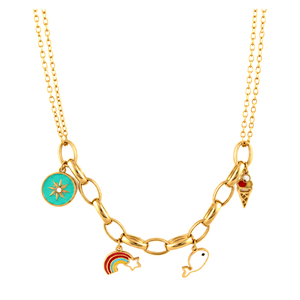 18K Gold Necklace with Colorful Shapes Charms
