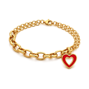 18K Gold Chain Bracelet with Red Hollow Heart Design