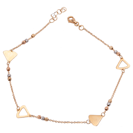 18K Gold Anklet with Triangles Tri Color Beads Design