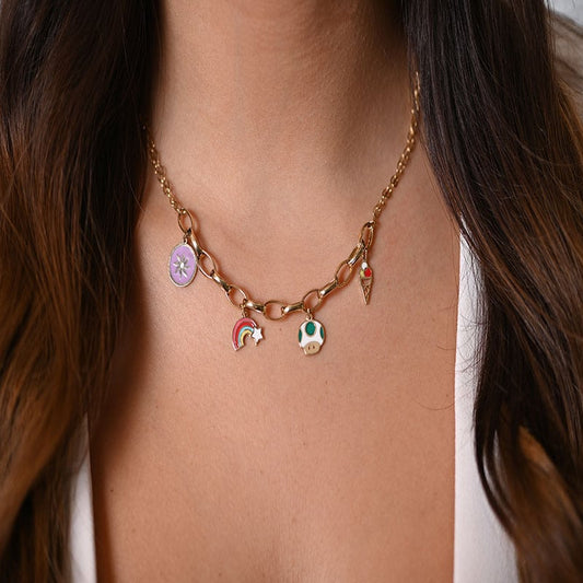 18K Gold Pendant with Rainbow Icons Design In Colorful