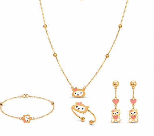 18K Gold Kids Teddy Bear Set with Colored Enamel