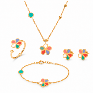 18K Gold Kids' Jewelry Set With Color Butterfly Design