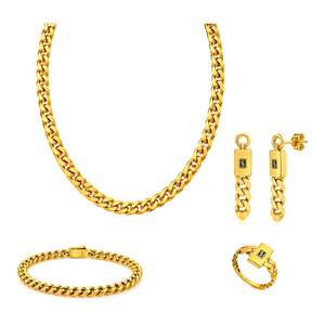 21K Gold Cuban Link Chain Set with Bar Detail Design