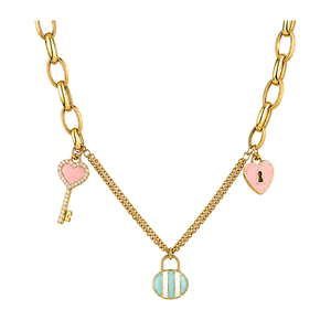 18K Gold Necklace with Various Colorful Pendants