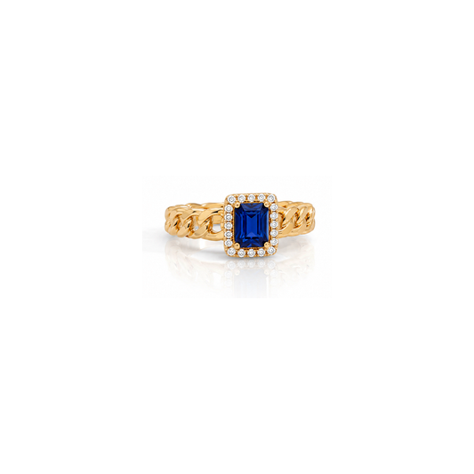 18K Gold Ring with Square Gemstone Design In Blue