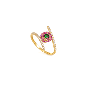 18K Gold Ring with Cross Central Gemstone Design In Colorful