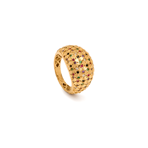 18K Gold Ring with Ornate Design In Colorful