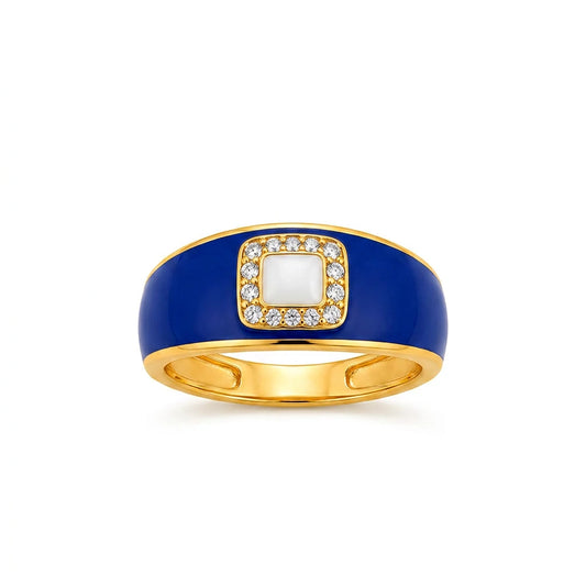 18K Gold Ring with Wide Color Square Embellished Stone Design In Blue
