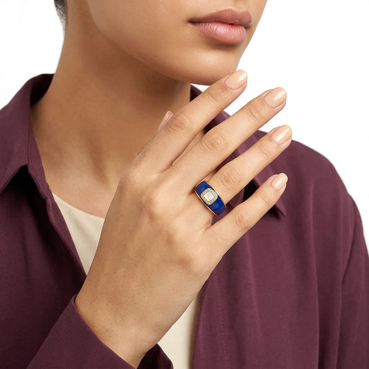 18K Gold Ring with Wide Color Square Embellished Stone Design In Blue