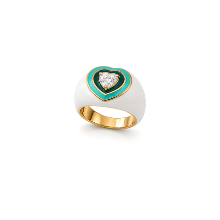 18K Gold Ring with Heart Inlaid Design In Green