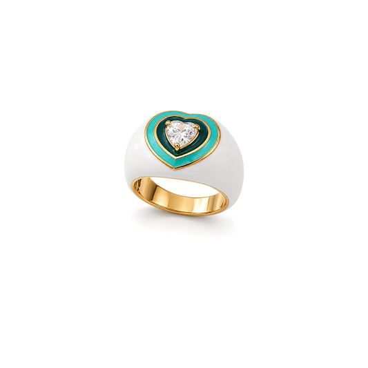 18K Gold Ring with Heart Inlaid Design In Green