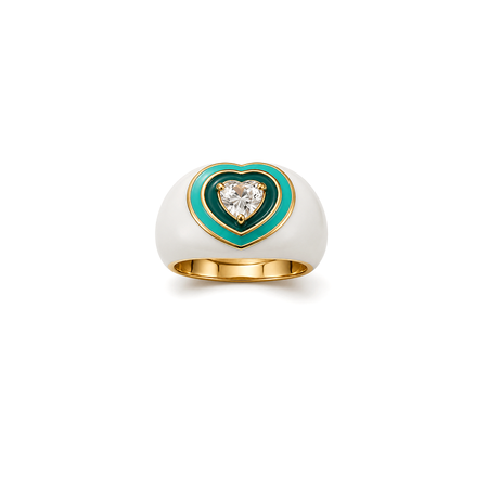 18K Gold Ring with Heart Inlaid Design In Green