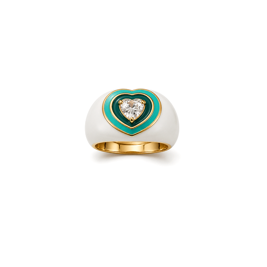 18K Gold Ring with Heart Inlaid Design In Green