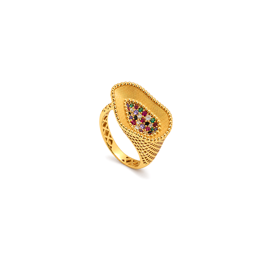 18K Gold Ring with Oval Paved Stones Design In Colorful