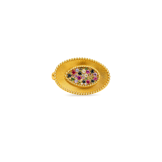 18K Gold Ring with Oval Paved Stones Design In Colorful