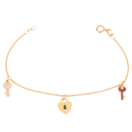 18K Gold Kids Chain Bracelet with Heart Key Design