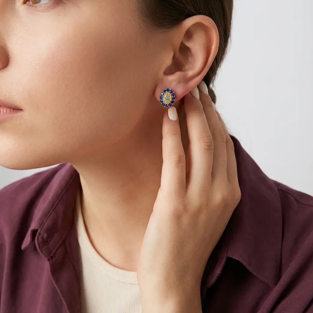 أقراط لون السماء عيار 18 بتصميم دائري ملون - Ghamieh