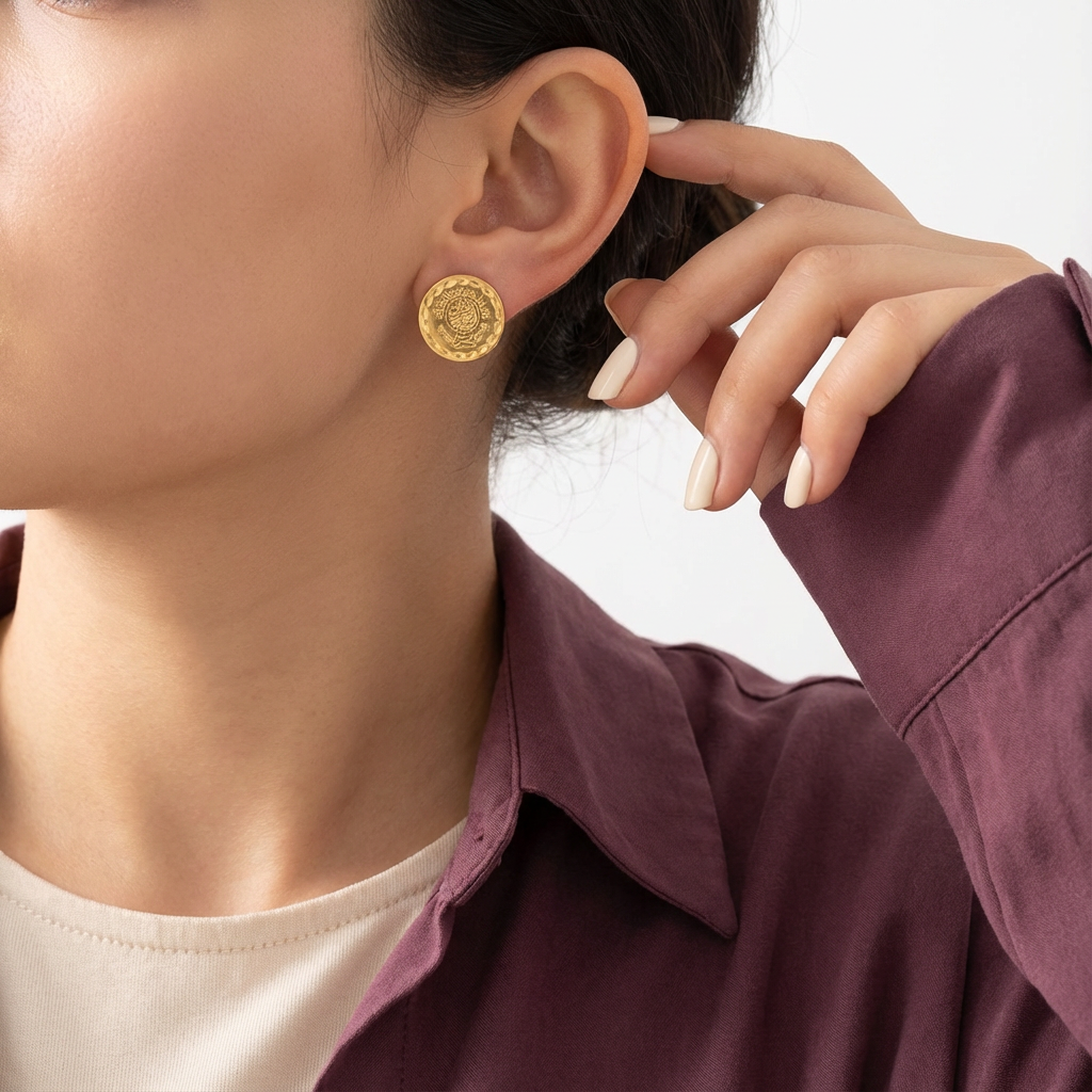 أقراط عيار 21 بتصميم دائري مزخرف - Ghamieh