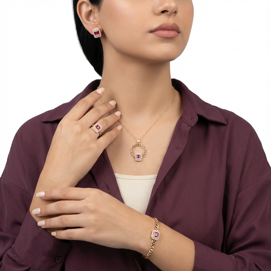 نصف طقم الحجر الساحر ذهب عيار 18 بتصميم فاخر - Ghamieh