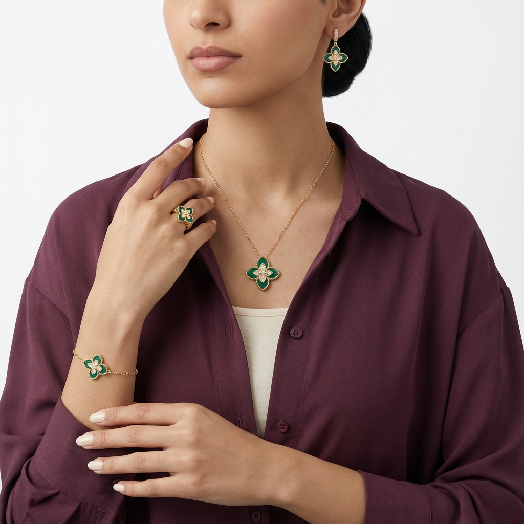 طقم فروع خضراء عيار 18 بتصميم أوراق خضراء - Ghamieh