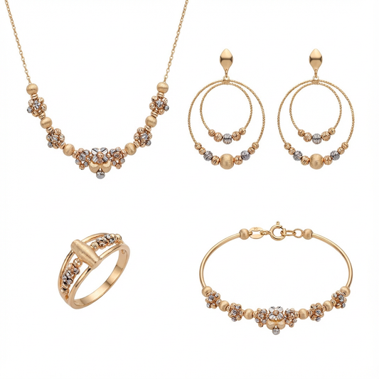 طقم ذهب عيار 18 بتصميم زهري راقٍ - Ghamieh