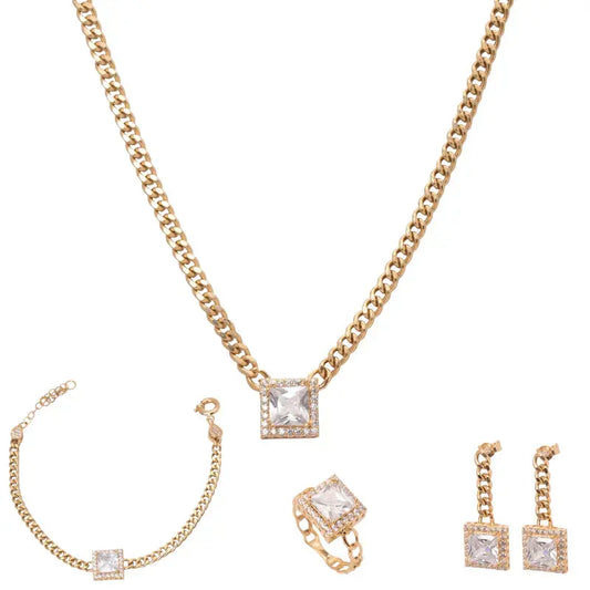 طقم رجوه عيار 18 بتصميم حلقات وفص مربع لامع - Ghamieh