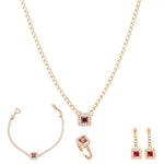 طقم ذهب بفص أحمر عيار 18 بسلسلة حلقات - Ghamieh