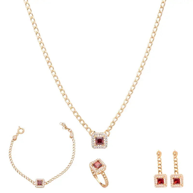 طقم ذهب بفص أحمر عيار 18 بسلسلة حلقات - Ghamieh