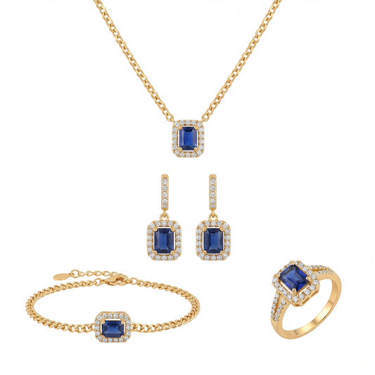 طقم ذهب عيار 18 بسلسلة حلقات وحجر أزرق - Ghamieh