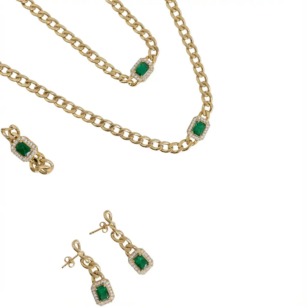 طقم ذهب عيار 18 بسلسلة حلقات وحجر أخضر - Ghamieh