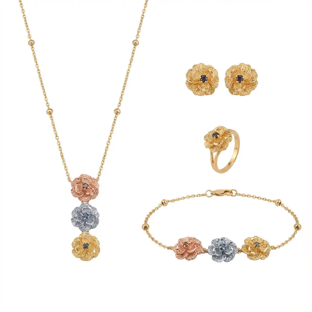 طقم ذهب عيار 18 بتصميم ثلاث ورود ملونة - Ghamieh